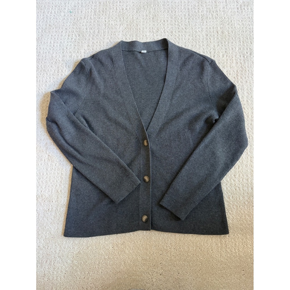 Uniqlo Cardigan Women Medium Gray Excellent Ribbed Knit V-Neck Sweater